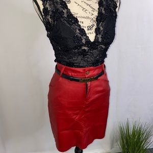Red high waisted pleather skirt.